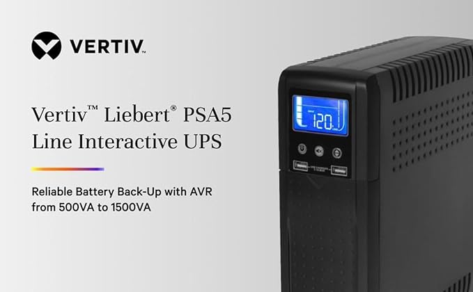 Vertiv Liebert PSA5 UPS - 1500VA 900W 120V Line Interactive AVR Tower UPS, 10 outlets, 2 USB Charging Ports, Battery Backup w/ Surge Protection, 3 year warranty, Energy Star Certified(PSA5-1500MT120)