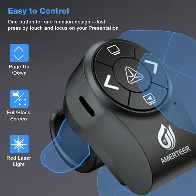 AMERTEER Bluetooth Wireless Presentation clicker for PowerPoint presentations, RF 2.4GHz Finger Ring Remote, PPT Slides Rechargeable