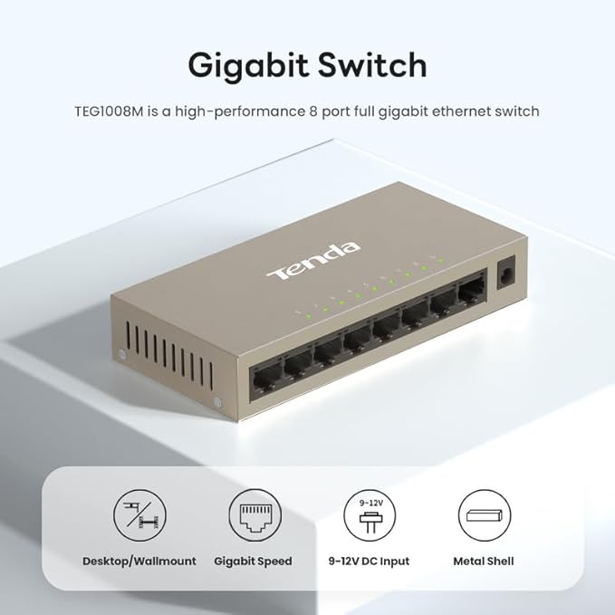Tenda TEG1008M, 8 Port Gigabit Switch, Unmanaged Ethernet Switch with Traffic Optimization, Plug & Play, Fanless & Metal Design Network Switch Hub, Desktop/ Wall-Mount, Limited Lifetime Protection