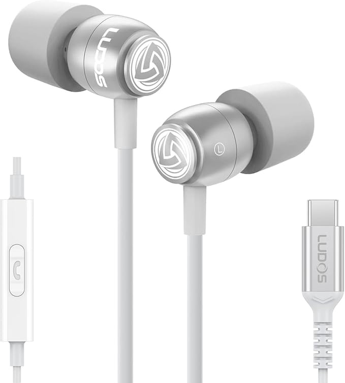 LUDOS Clamor USB C Headphones for iPhone 17 16 15 Pro Max Plus Air iPad Pro, 5 Years Warranty, USB-C Earbuds for Samsung Galaxy S24 S23 Ultra S22 S21 FE S20 A55 A54 A53, USB Type C Earphones - White