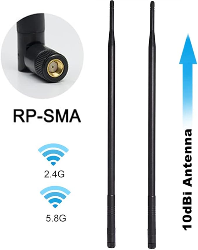 1.3ft 2X 10dBi WiFi Bluetooth Antenna Dual Band Omni Directional Antenna 2.4Ghz/5Ghz RP-SMA Male Long Range for Wireless Wi-Fi Router Network Devices PC Camera WiFi 6 Adapter Desktop PC USB Adapter