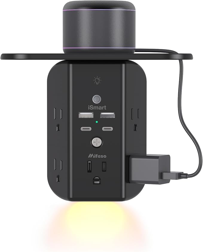 Wall Outlet Extender with Shelf and Night Light, Surge Protector, USB Wall Charger with 5 AC Outlets and 2 USB A Ports 2 USB C Ports Wide Space 3-Sided Power Strip Multi Plug Outlets, Black