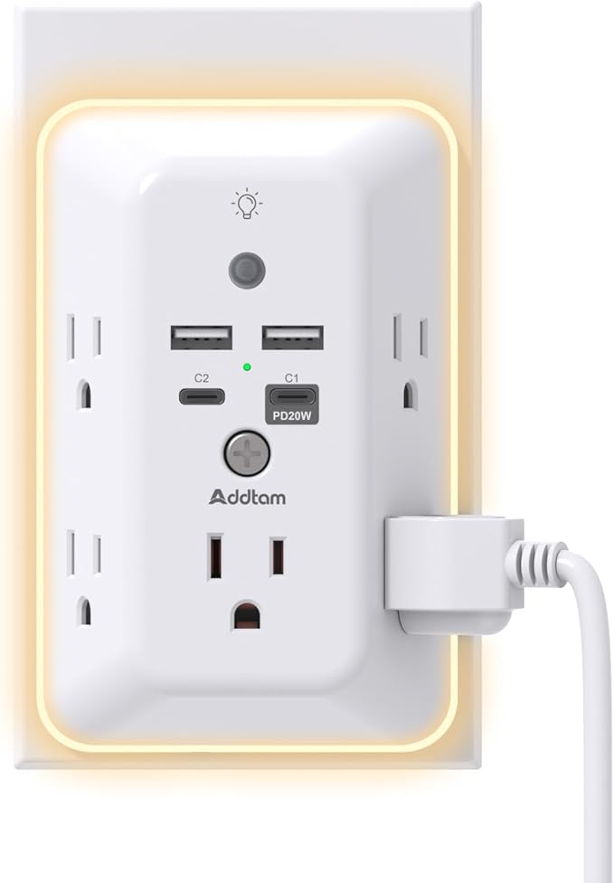Surge Protector, Outlet Extender with Night Light, Addtam 5-Outlet Splitter and 4 USB Ports(PD 20W), Multi Plug Wall Outlet Power Strip for Home Office Dorm Room Essentials
