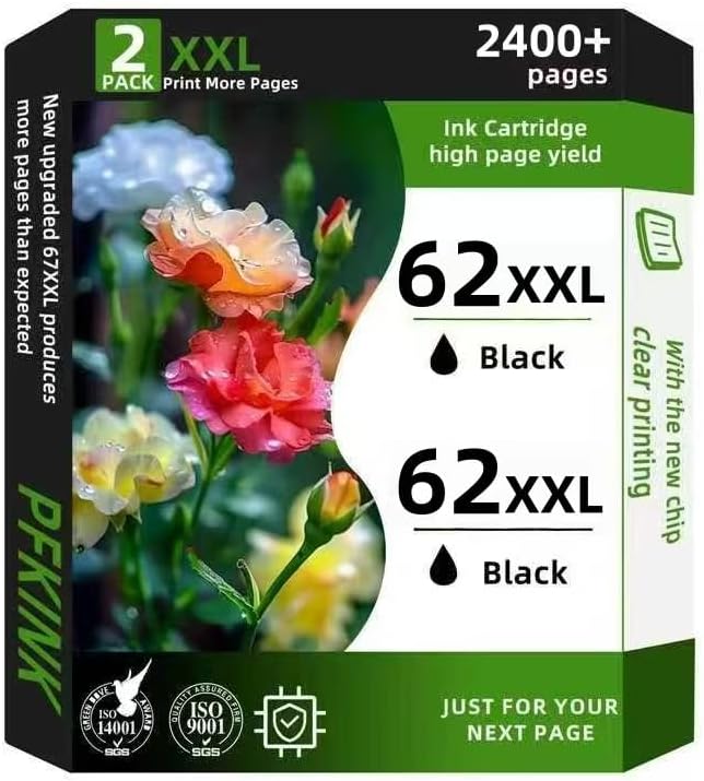 62XXL Ink Cartridges Black Remanufactured for hp 62 Black Ink Cartridge High Yield for Ink 62 XL fit for Envy 5540 7640 5640 5660 7644 7645 7643 OfficeJet 5740 8040 5745 (2Black)