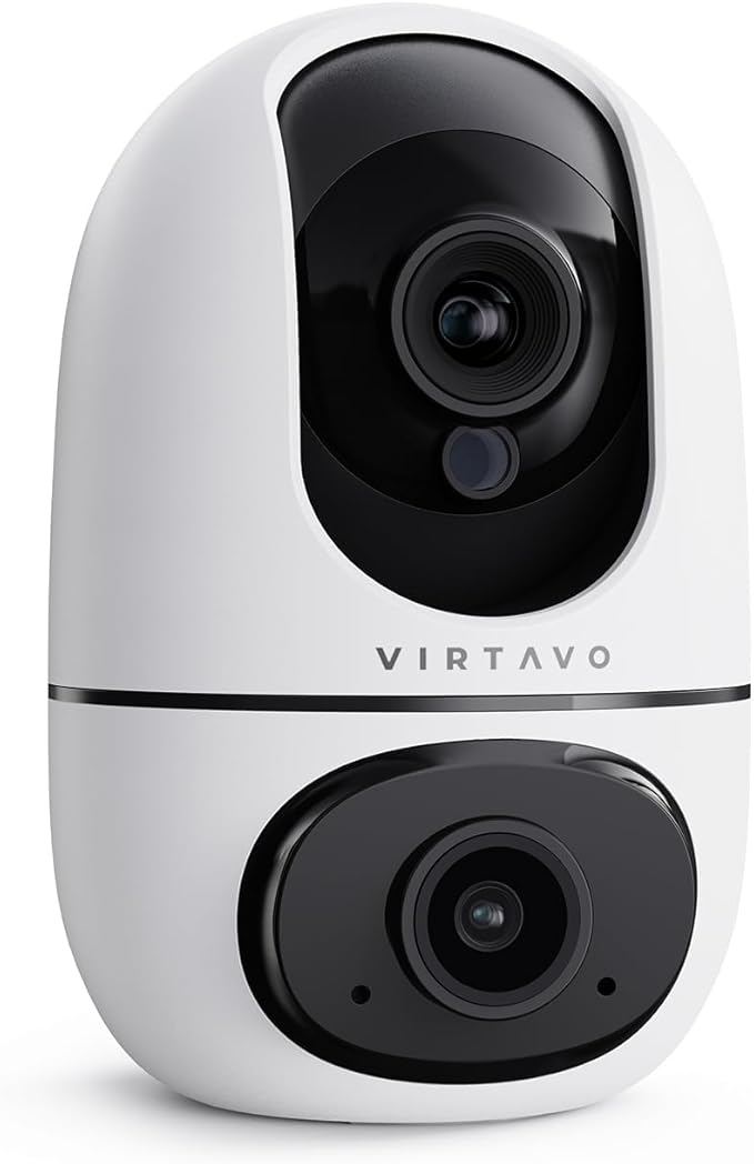 virtavo XD1 Indoor Security WiFi Camera, No Subscription Required, Dual-Lens 360° PTZ Baby Monitor & Pet Cam, Motion Tracking, 2-Way Audio, Night Vision, Cloud/SD Storage, Phone App, Plug-in Power