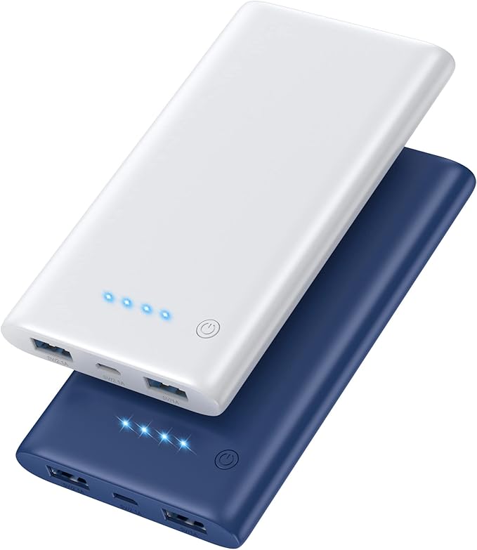 [2 Pack] Portable Charger Power Bank 10000mAh,Ultra Slim Portable Phone Charger with Dual USB Outputs,Backup Charging External Battery Pack Compatible with iPhone 15/14/13/12/11,Android etc-Blue+White