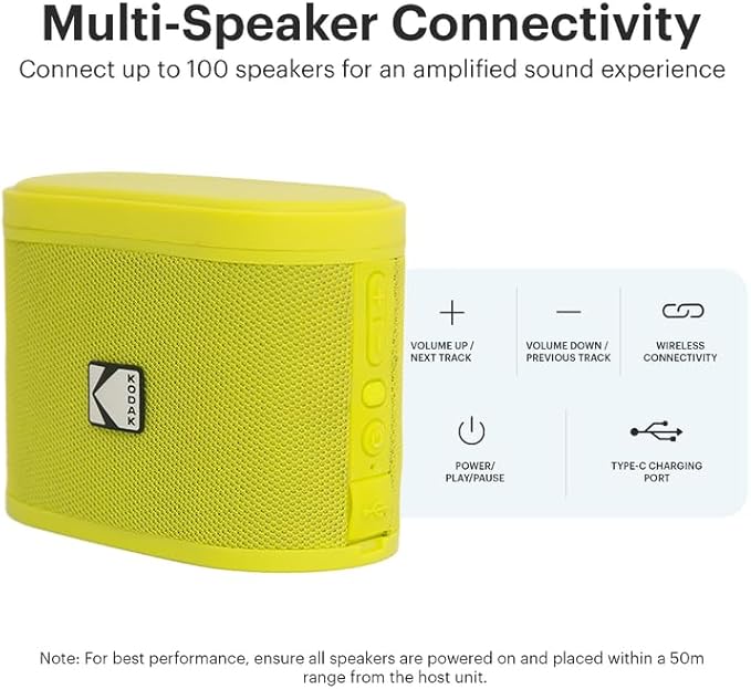 KODAK SOUNDBRIX™ Bluetooth Speaker with HD Sound Portable Wireless IPX4 Water Resistant Upto 5H Playtime V5.4 for Home Party Outdoor Beach Electronic Gadgets Birthday Gift Yellow Stackable Speakers