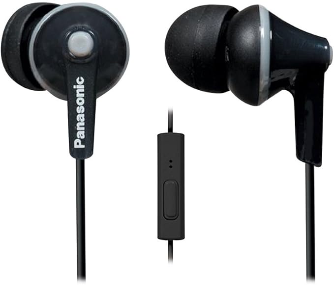 Panasonic ErgoFit Wired Earbuds With Microphone, 3.5mm Jack Wired Headphones with Mic and Call Controller, Ergonomic Custom-Fit Earpieces (S/M/L), for Phones and Laptops - RP-TCM125-K (Black)