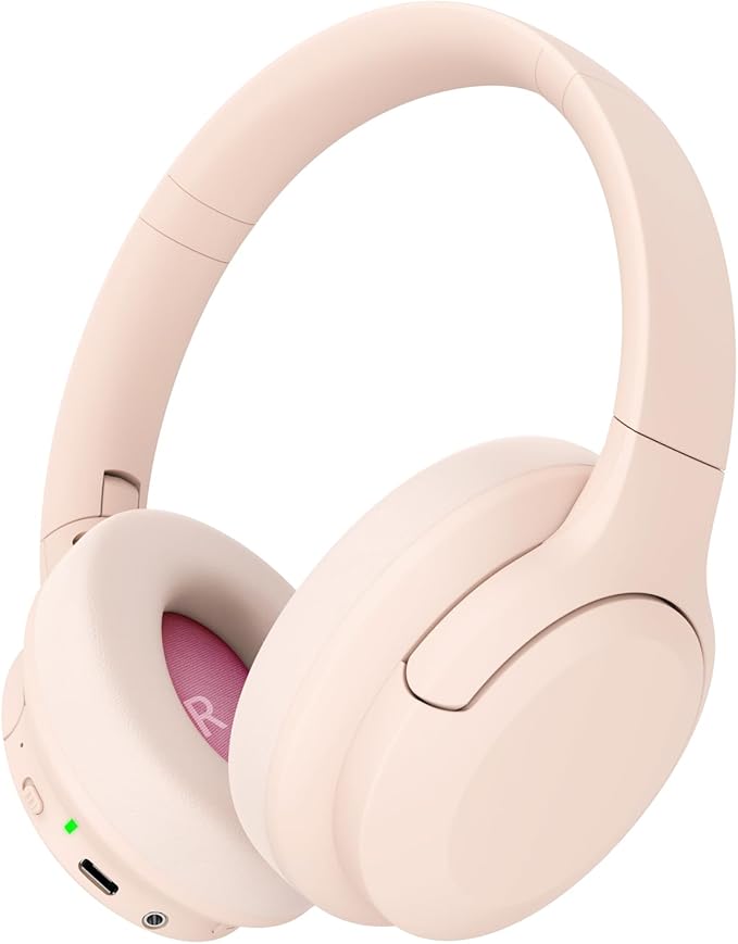 Active Noise Cancelling Headphones, Wireless Over Ear Bluetooth Headphones,100H Play Time Bluetooth Headphone with Microphone,Lightweight and Foldable Comfortable Deep Bass for Work/Gym Pink