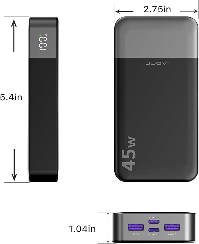 J2621 Power Bank Portable Charger,20000mAh 45W PD3.0 QC 4.0 Fast Charging Battery Pack with LED Display,2 USB-C,2 USB-A for iPhone 15 16, MacBook