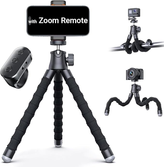 Flexible Phone Tripod with Zoom Wireless Remote for iPhone Video Recording, Mini Octopus Camera Stand for Content Creator, Bendable 360° Adjustable Phone Mount, Filming/Vlogging/YouTube/TikTok/Travel