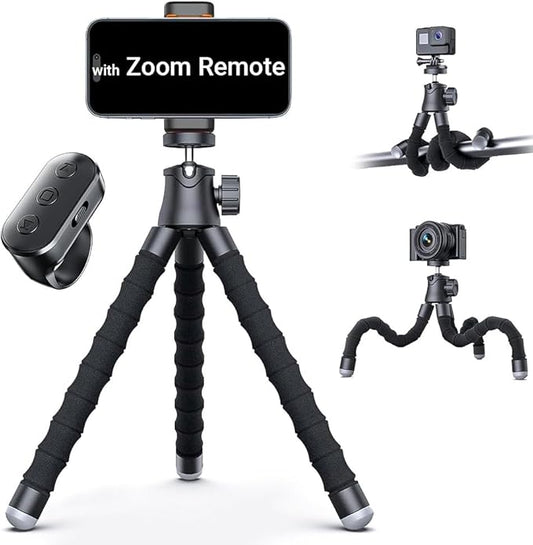 Flexible Phone Tripod with Zoom Wireless Remote for iPhone Video Recording, Mini Octopus Camera Stand for Content Creator, Bendable 360° Adjustable Phone Mount, Filming/Vlogging/YouTube/TikTok/Travel