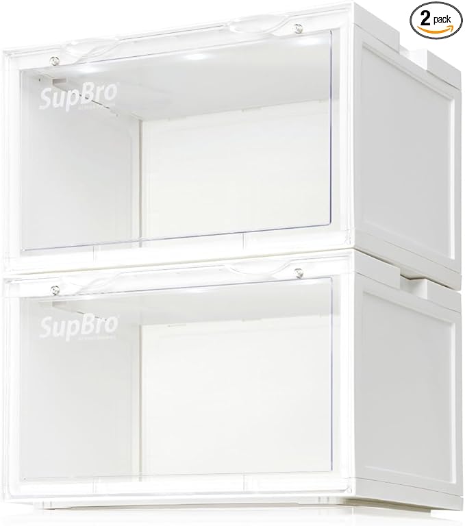 SupBro Led Collection Crate - Voice Control - Easy Access Storage Shoes box, Stackable Shoe Storage with clear plastic door for sneakers - (10.4 x 13.2 x 8.1 inch (2pack), White)