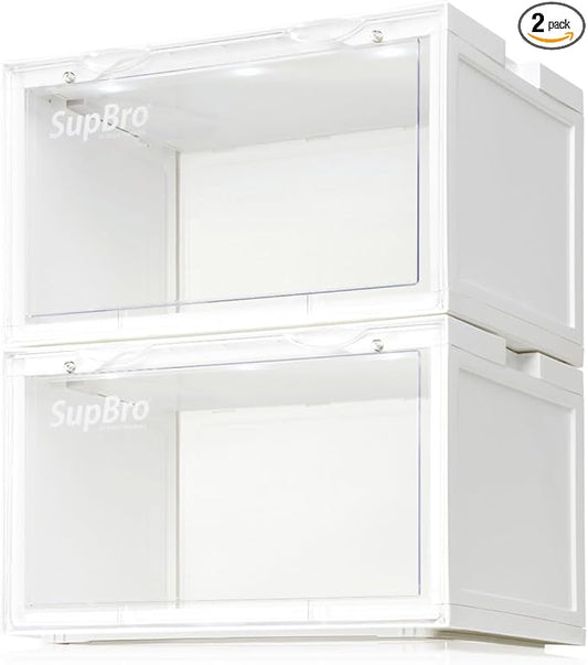 SupBro Led Collection Crate - Voice Control - Easy Access Storage Shoes box, Stackable Shoe Storage with clear plastic door for sneakers - (10.4 x 13.2 x 8.1 inch (2pack), White)