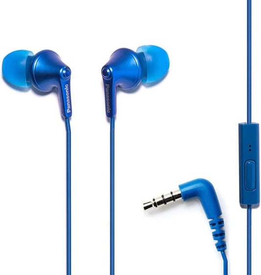 Panasonic ErgoFit Wired Earbuds with Microphone, 3.5mm Jack Headphones with Mic and Call Controller, Ergonomic Custom-Fit Earpieces (S/M/L), for Phones and Laptops - RP-TCM125-AA (Metallic Blue)