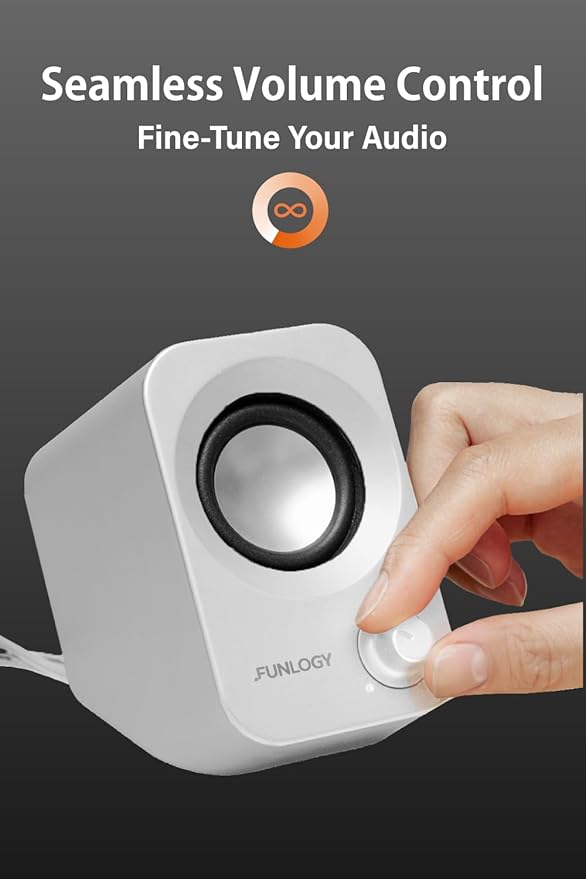 Speaker - 14W Stereo PC Speakers, USB Powered, Compact Size with 30° Tilt Design, Volume Dial Control, for Desktop, Laptop, Monitor, Gaming Consoles, White