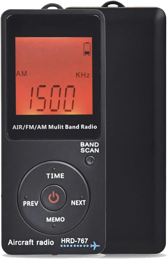 Aircraft Band Radio Receiver, Hand-held AM FM Portable FM/AM/AIR Band Radio with Backlit LCD Display, Earphone and Sleep Timer, Built‑in 400mAh Lithium Battery