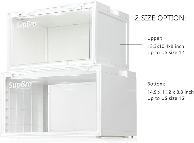 SupBro Led Collection Crate - Voice Control - Easy Access Storage Shoes box, Stackable Shoe Storage with clear plastic door for sneakers (11.2 x 14.9 x 8.8 inch (6pack), White)