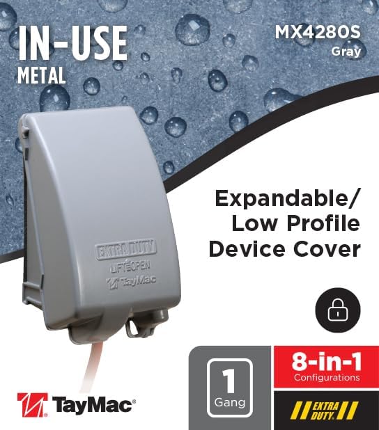 TayMac MX4280S 1-Gang Extra Duty In-Use Cover, Weatherproof Metal Low Profile 8-in-1, 3.5 in. Deep, Vertical, Gray