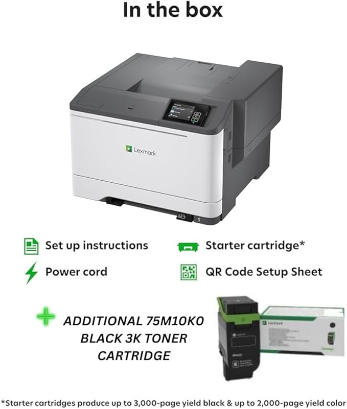 LEXMARK CS531dw Color Laser Wireless Printer, Gigabit Ethernet, Single Sheet Multipurpose Feeder and Multiple Media Sizes Supported (50M0020) Bundle with 75M10K0 Black 3K Yield Toner Cartridge