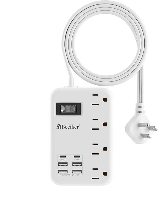 6 USB(2 USB C) Travel Power Strip- Flat Plug Extension Cord 3 Feet with 4.8A 24W USB Charging Station and 4 Outlets, 3 FT Short Extension Cord Portable for Travel Cruise Office College Dorm