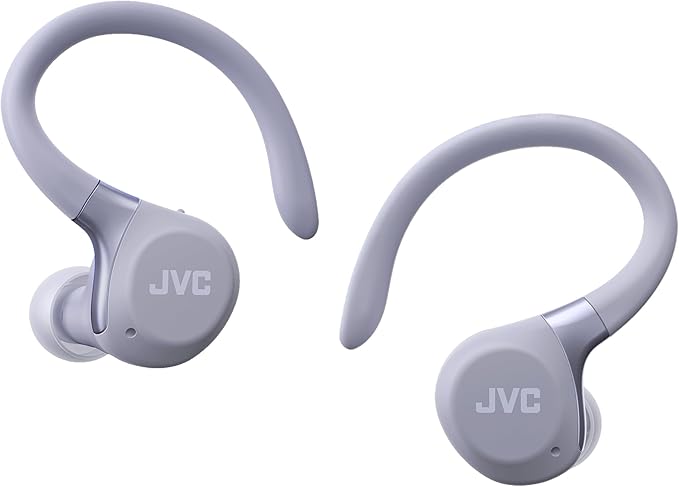 JVC Fitness Series True Wireless Sport Earbuds with Adjustable Hooks, Active Noise Cancelling, Ambient Sound Mode, IP57 Waterproof, 40hr Long Battery Life, App EQ, Low Latency, Mic HAEC75TV Violet