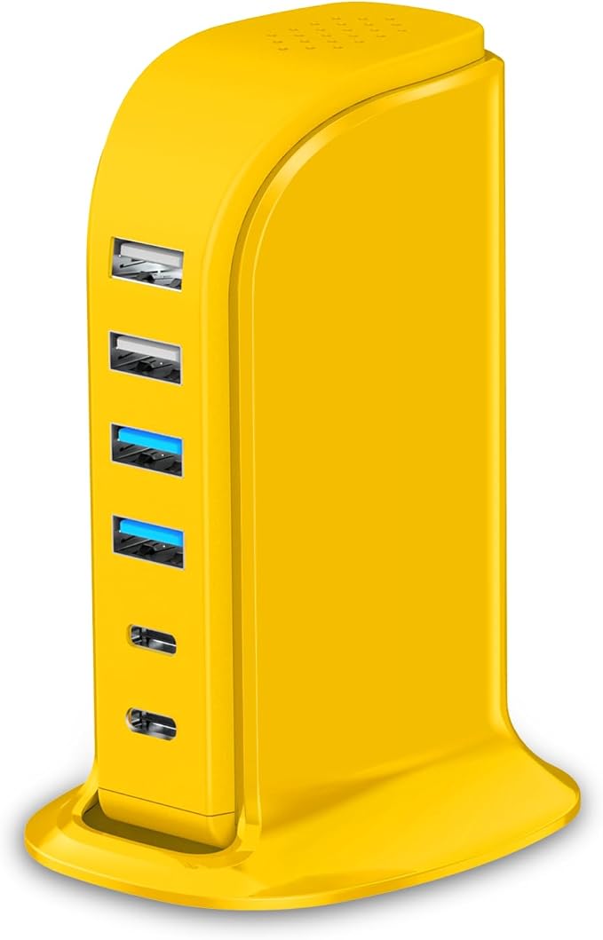 45W USB Charging Station, 6-Port Hub with 4 USB-A & 2 USB-C Ports, 5ft Cable, Yellow