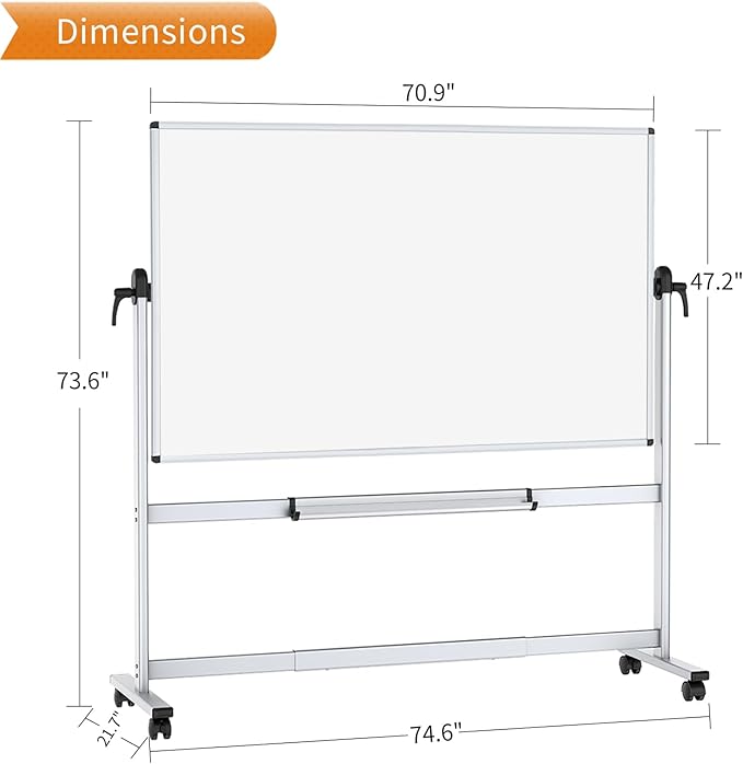 VIZ-PRO Double-Sided Mobile Projection Writing Whiteboard, 72 x 48 Inches, Large Magnetic Rolling Dry Erase Board & Projector Screen with Aluminium Stand