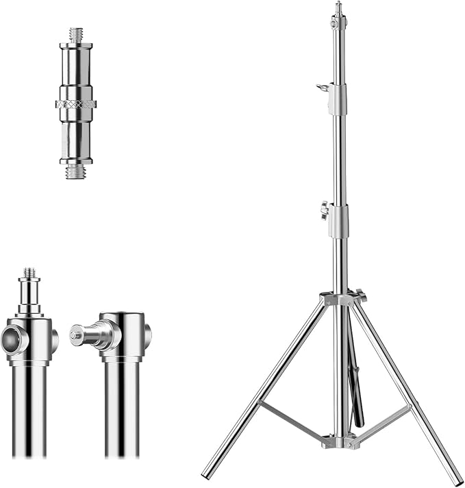 BEIYANG 6.5Ft Stainless Steel Photography Light Stand, Heavy Duty Spring Cushioned Tripod Stand with 1/4" to 3/8" Screw Adapter for Strobe Lights, LED Video Lights, Ring Lights, Monolights, Softboxes