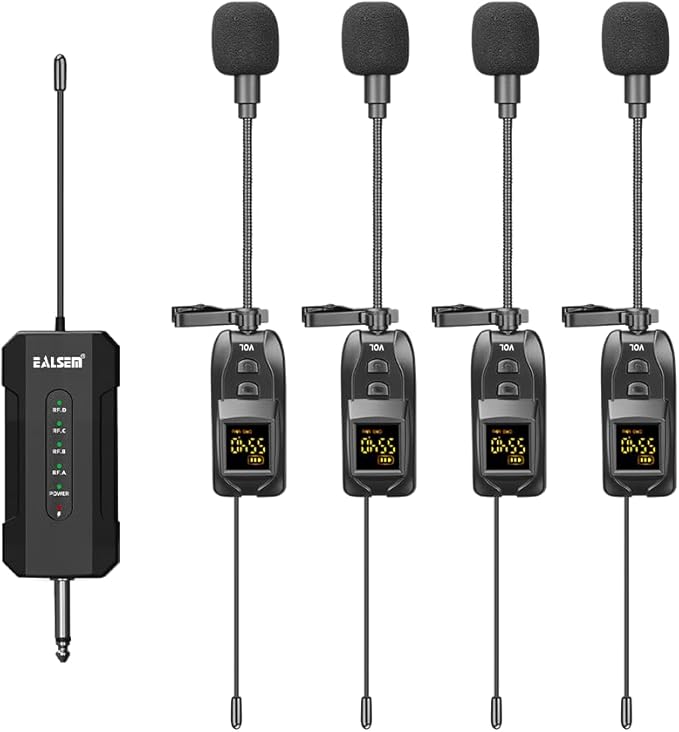 ES-384 4-CH UHF Wireless Lapel Microphone System - 164ft Range, Rechargeable Receiver, Plug-and-Play for Presentations - 4 Lapel Mics Included
