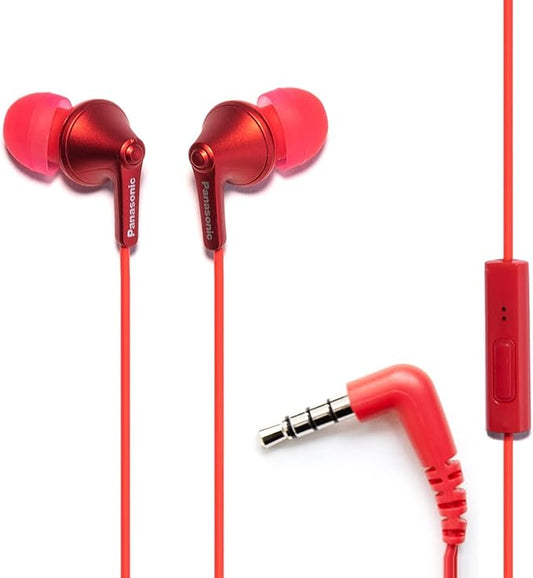 Panasonic ErgoFit Wired Earbuds with Microphone, 3.5mm Jack Headphones with Mic and Call Controller, Ergonomic Custom-Fit Earpieces (S/M/L), for Phones and Laptops - RP-TCM125-R (Red)