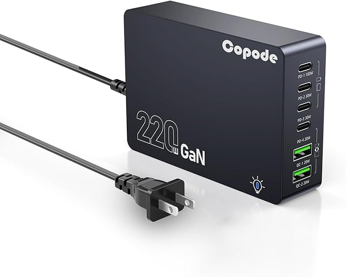 220W USB C Charger Block, 6-Port GaN USB C Charging Station PD 100W PC Laptop Fast Charger Adapter Compatible with iPhone 16, Galaxy 25, MacBook,ipad and More Devices(Black)