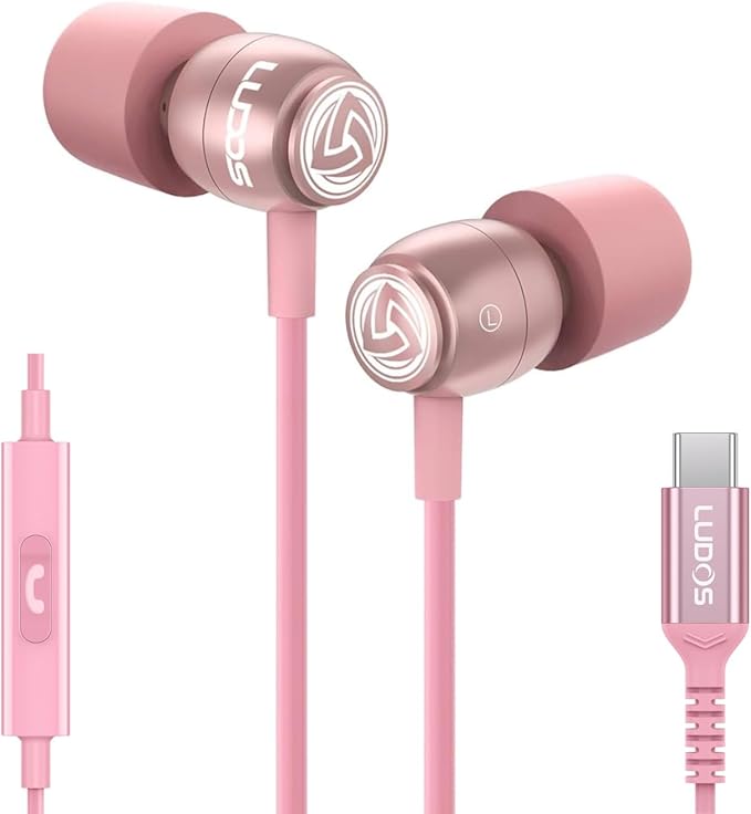 LUDOS Clamor USB C Headphones for iPhone 17 16 15 Pro Max Plus Air iPad Pro, 5 Years Warranty, USB-C Earbuds for Samsung Galaxy S24 S23 Ultra S22 S21 FE S20 A55 A54 A53, USB Type C Earphones - Pink