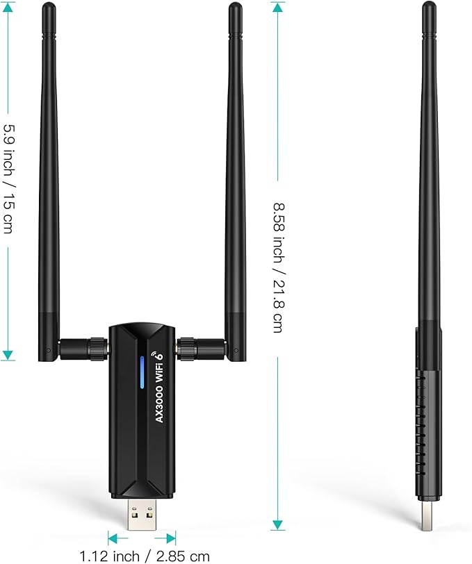 USB WiFi 6E Adapter AX3000M, USB 3.0 WiFi Adapter for Desktop PC Dongle 802.11AX Tri-Band 6G/5G/2.4G Dual 5dBi Support OS Windows 11/10 64bits (U Disk Included)