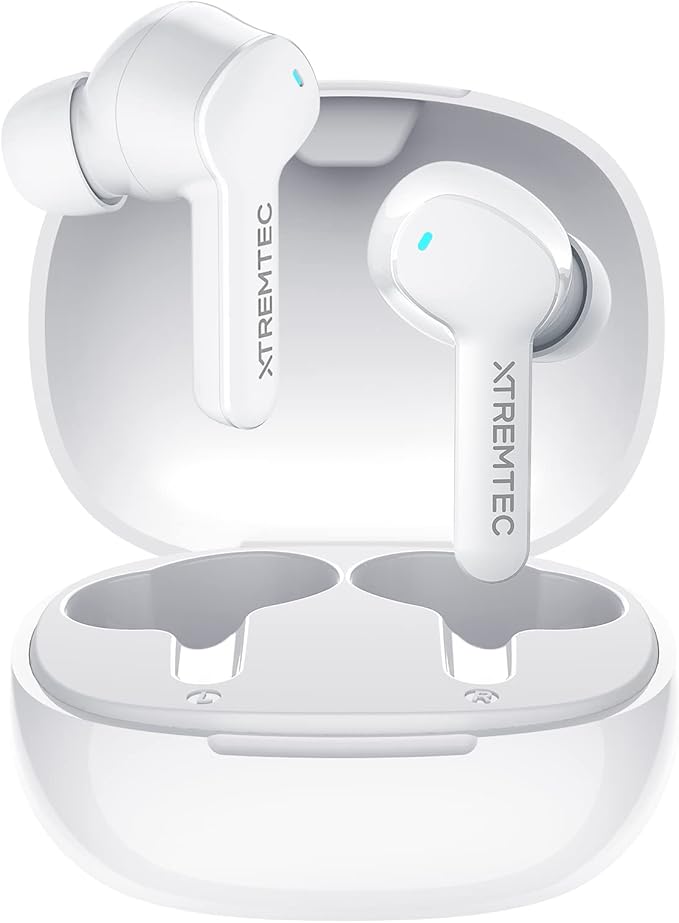xtremtec Bluetooth Noise Cancelling Wireless Earbuds for iPhone/Android, in-Ear Sweatproof Stereo Bass Headphones, Immersive Sound Bluetooth 5.2 Earphones with Microphones,En-able Computer (White)