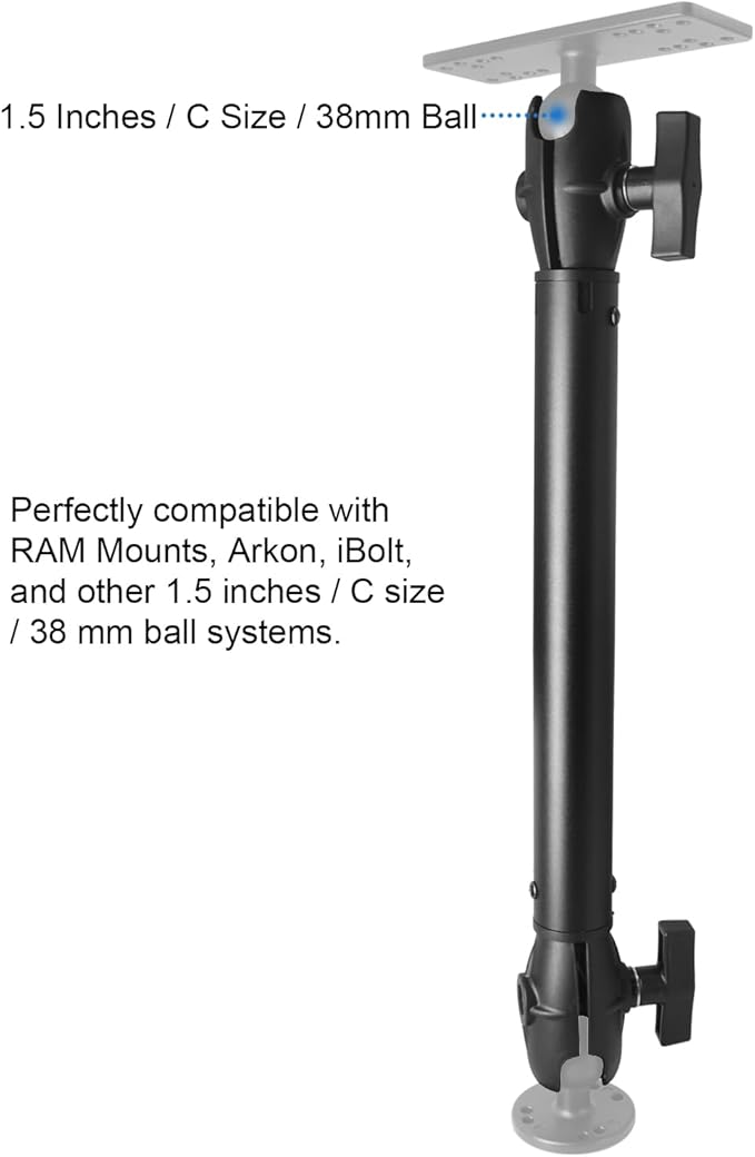 Aluminum Extension(18.3"/46.5cm) Double Socket Arm for 1.5 Inches / C Size / 38mm Ball Accessories, Powerful Clamp, 360° Rotation, Compatible with RAM Mount, iBolt and More