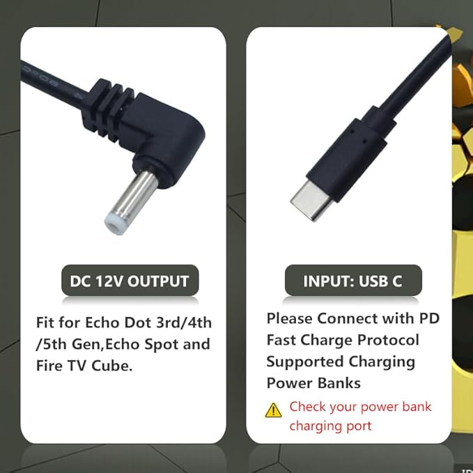 USB C to DC Charger Adapter for Echo Dot 3rd/4th Gen, Echo Dot 3rd/4th Gen with Clock Kids,Echo Spot (Black)