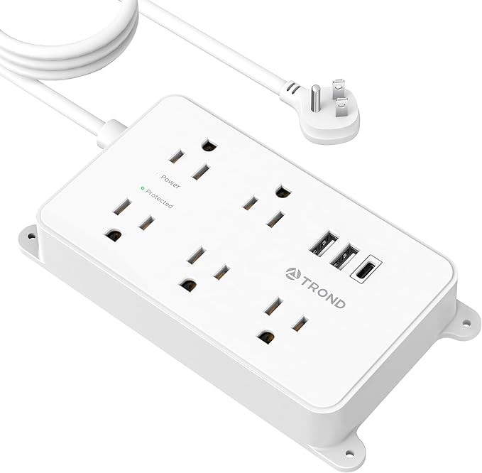 TROND Power Strip with USB, 10ft Extension Cord Surge Protector, 5 Widely Spaced Outlets with 3 USB Ports, ETL Listed, 1300J, Low-Profile Flat Plug, Wall Mountable, White