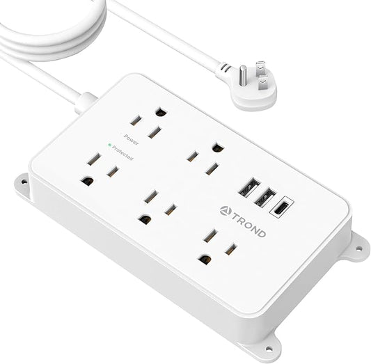 TROND Power Strip with USB, 10ft Extension Cord Surge Protector, 5 Widely Spaced Outlets with 3 USB Ports, ETL Listed, 1300J, Low-Profile Flat Plug, Wall Mountable, White