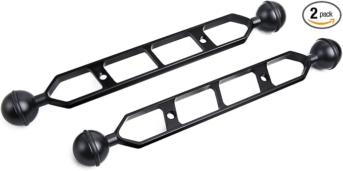 Black 9" Underwater Aluminum Alloy Extension Arm (2-Pack) - Dual Ball System with 1" Head Connector, Waterproof & Rustproof for Diving Camera Tray/Strobe/Video Light, Scuba Photography Gear