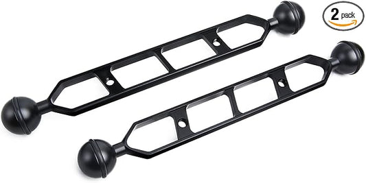 Black 9" Underwater Aluminum Alloy Extension Arm (2-Pack) - Dual Ball System with 1" Head Connector, Waterproof & Rustproof for Diving Camera Tray/Strobe/Video Light, Scuba Photography Gear