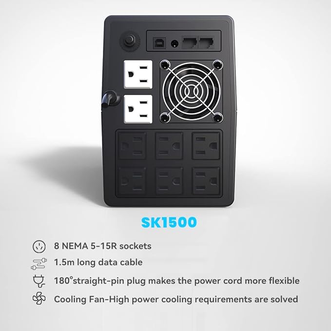 Ups Battery Backup and Surge Protector,Computer Uninterruptible Power Supply Units,Battery Backup Intelligent LCD,SKE Back UPS,Uninterruptible Power Supply,Battery Backup for Computer 1500VA/900W