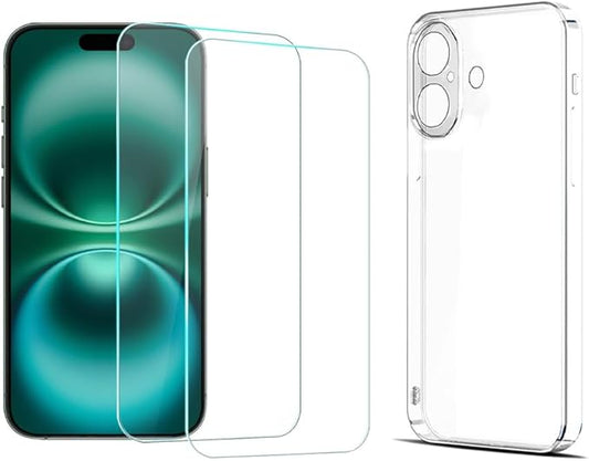 2 Pack Screen Protector for iPhone 16 6.1 inch/NO Auto-Alignment,Tempered Glass Easy Installation and Soft TPU Protective Case (iPhone 16 NO Auto-Alignment)