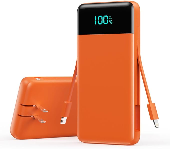 Portable Charger 13800mAh for iPhone with Built-in Cables & AC Wall Plug,5-in-1 USB-C Power Bank,LCD Display External Battery Pack Phone Charger Compatible with iPhone 16/15/14/13,Android (Orange)