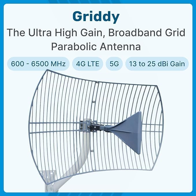 Waveform Griddy: Grid Parabolic Antenna Kit for 4G LTE, 5G NR, and WiFi | 40 km Range | +26 dBi | Works w/Cell Phone Boosters, Modems, Routers, and Gateways | Antenna Only