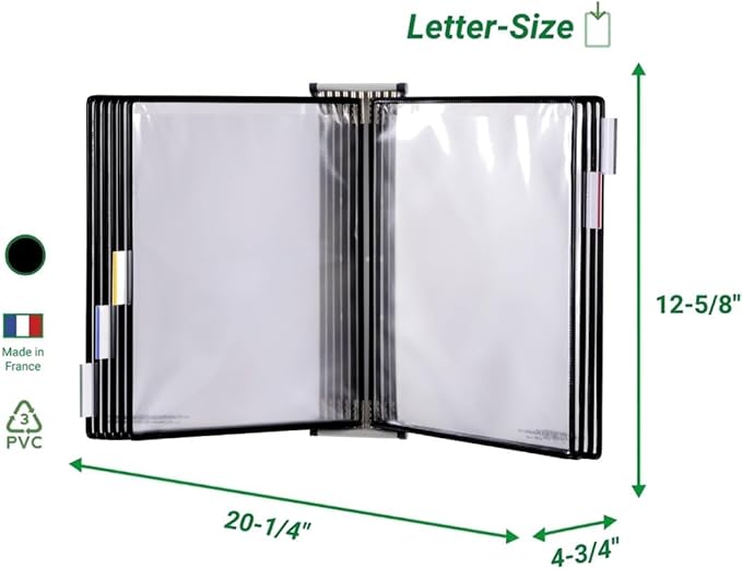 Tarifold DJOIS Wall Mount Reference System - Durable Steel Wire Frames - Letter-Size - 10 Double-Sided Non-Glare Display Pockets - 20 Sheet Capacity - Adjustable Tabs - Made in France - Black