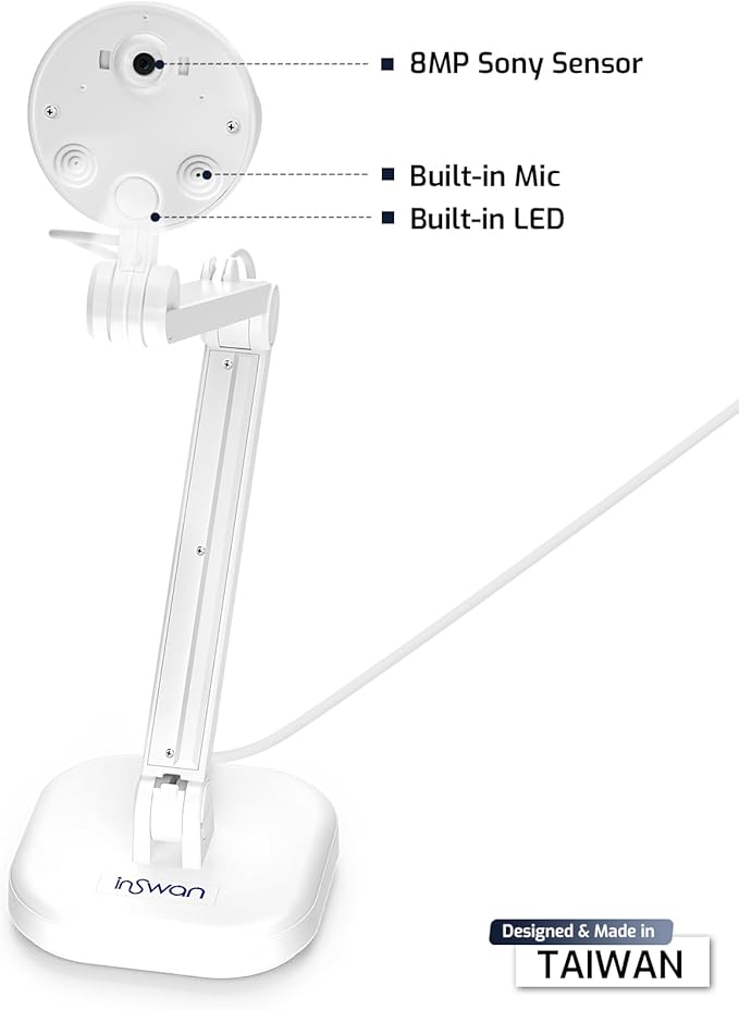 INSWAN INS-1 USB Document Camera — 8MP Ultra HD, Auto Focus, LED , Built-in Mic, Windows, Mac, iPad, Chromebook Compatible for Distance Learning, Remote Teaching, Web Conferencing, Live Demo