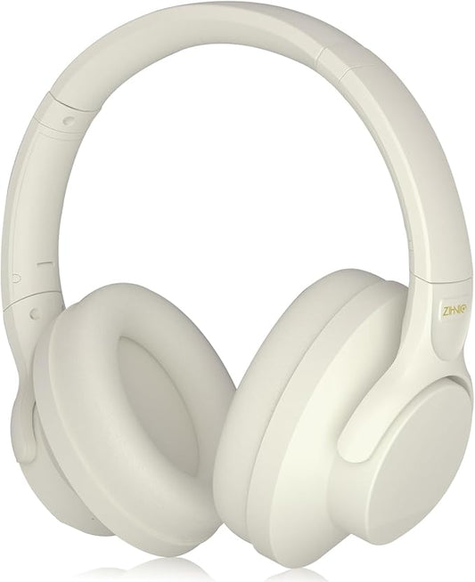 ZIHNIC Active Noise Cancelling Headphones, 60H Playtime Wireless Bluetooth Headset Low Latency-Milky White