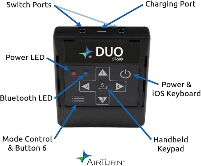 AirTurn DUO500 Silent Bluetooth Pedal Page Turner Teleprompt Live Stream App Controller