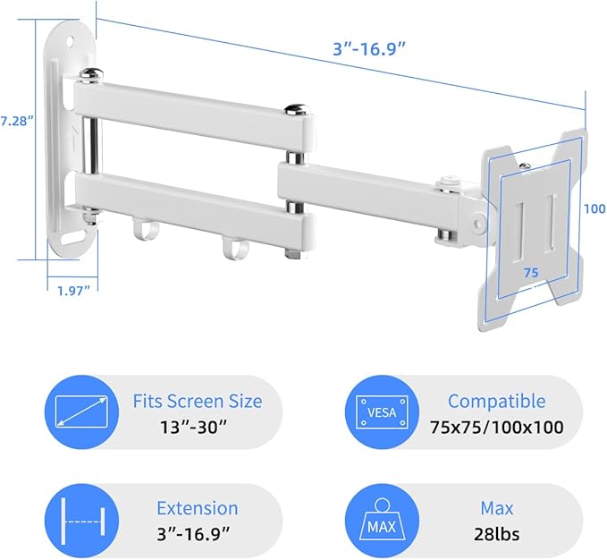 Suptek Full Motion TV Wall Mount Bracket for Most 13-30 inch TVs and Monitors, Flat and Curved TVs up to 28lbs, Tilt Swivel and 16.9 inch Extension, Max VESA 100x100mm, White, MA2776W